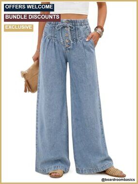High Waist Wide Leg Palazzo Jeans Drawstring Smocked Waist
